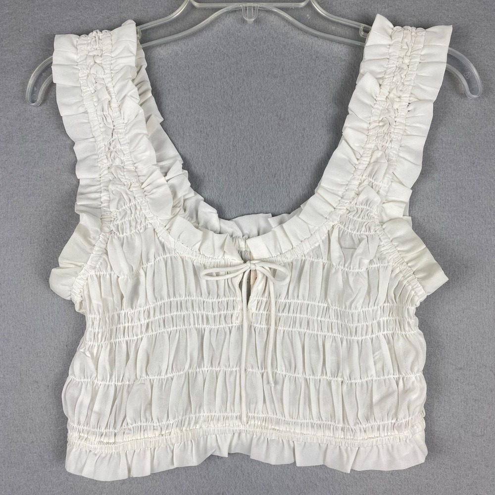 LyreBird White Smocked Ruffle Crop Top Tie Front Sleeveless Size S Peasant Layer